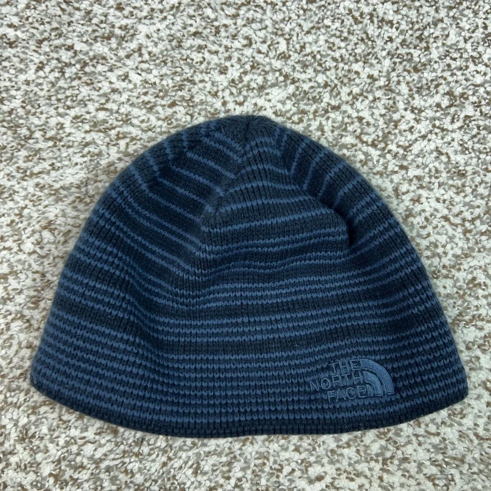 The North Face Mens Hat Beanie Knit Blue Striped Logo Winter Casual One Size